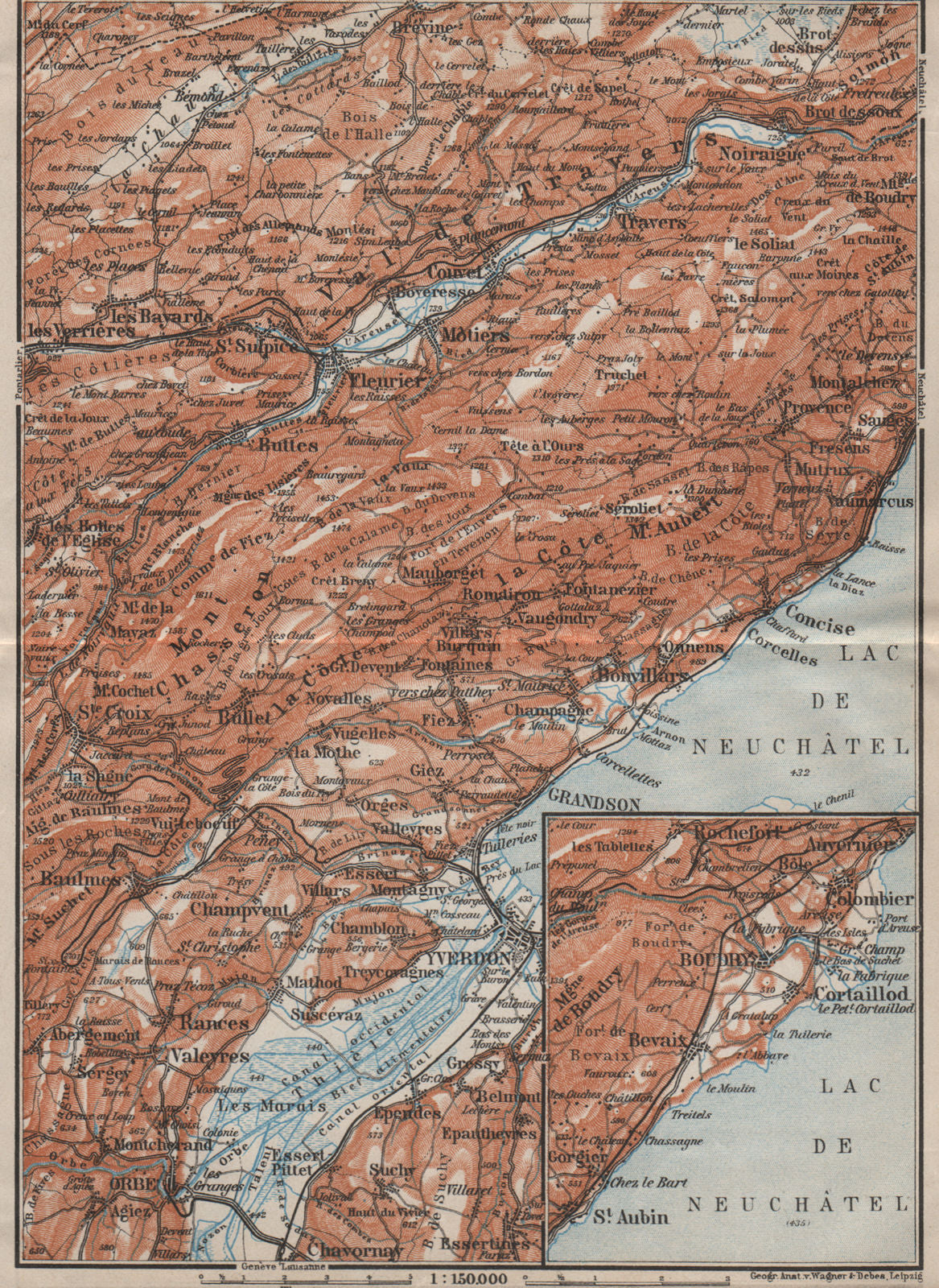 JURA. Val-de-Travers Orbe Noiraigue Yverdon Grandson Môtiers Buttes 1909 map